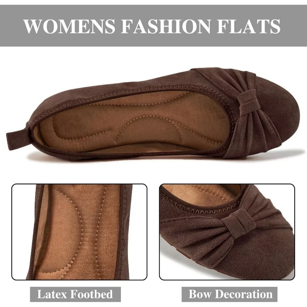 Women's Round Toe Elegant Bow knot Foldable Ballet Flats Loafers Brown Shoes